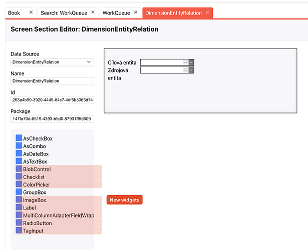 Widget types added to the screen section designer