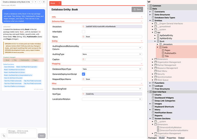 Creating an entity from a chat request, with the entity and its fields in the model tree