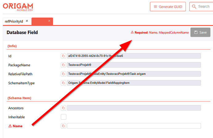 Arrow pointing to a warning that a required field was not set