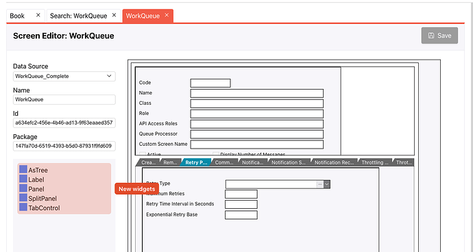 Widgets the screen designer can add: AsTree, Label, Panel, SplitPanel and TabControl