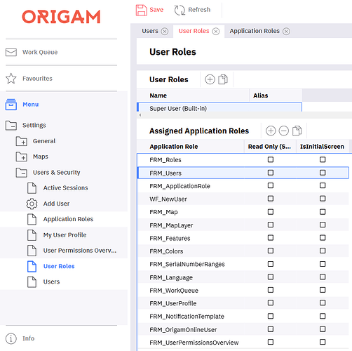 Application roles assigned to selected user role