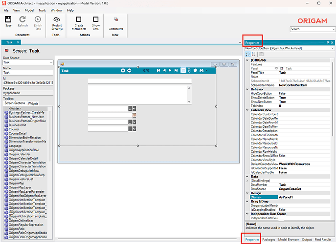 Properties tab in the right bar