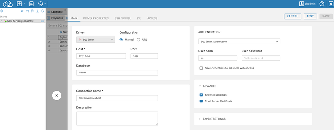 CloudBeaver DB connection configuration