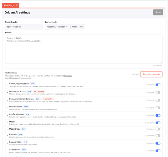 Origam AI settings: the model, the custom prompt and the tool groups